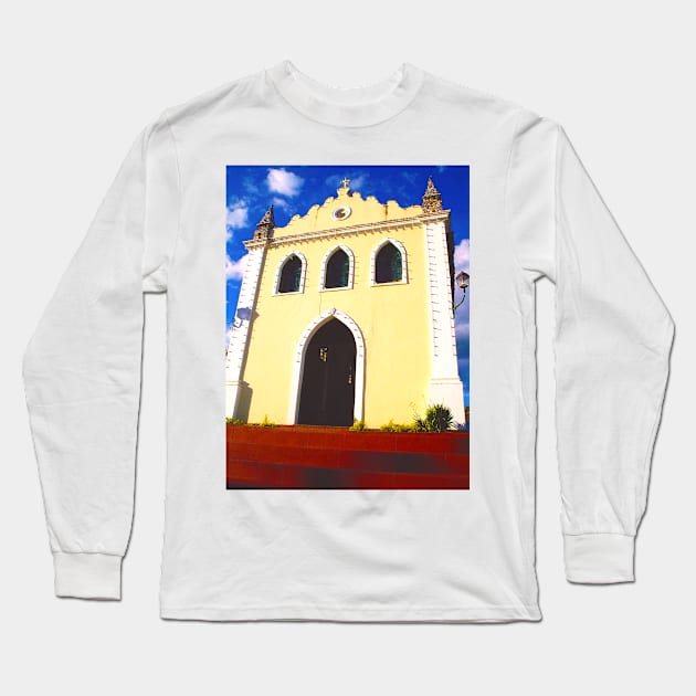 Yellow Church Chapel with lamps on the facade Long Sleeve T-Shirt by Marccelus